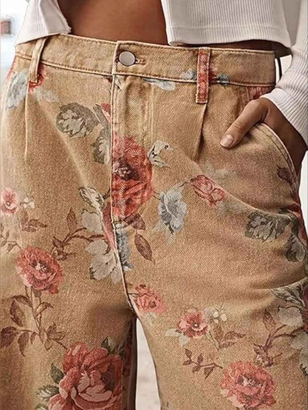 Loveimgs Khaki Floral Wide-Leg Baggy Mid-Rise Jeans - Picture 8 of 12